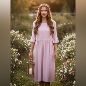 Tea N Rose Light Pink Midi Dress Size Large Ruffle Sleeve Casual Boho Everyday